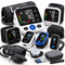 An assortment of health monitoring devices, including digital blood pressure monitors, fingertip pulse oximeters, a manual sphygmomanometer, and storage cases on a white background.