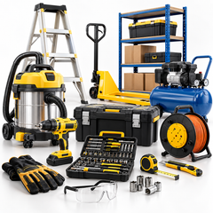 An assortment of heavy-duty tools and workshop equipment, including a stepladder, pallet jack, air compressor, wet/dry vacuum, toolboxes, power drill, extension cord reel, and safety gear on a white background.