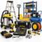 An assortment of heavy-duty tools and workshop equipment, including a stepladder, pallet jack, air compressor, wet/dry vacuum, toolboxes, power drill, extension cord reel, and safety gear on a white background.