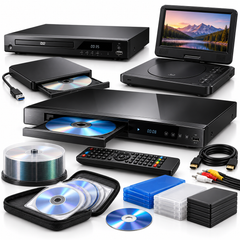 An assortment of DVD and media equipment, including DVD players, a portable DVD player with a screen, external disc drives, a remote control, discs, cases, and audio-video cables on a white background.