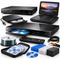 An assortment of DVD and media equipment, including DVD players, a portable DVD player with a screen, external disc drives, a remote control, discs, cases, and audio-video cables on a white background.