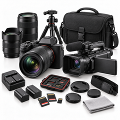 An assortment of photography and videography equipment, including a mirrorless camera, a camcorder, camera lenses, a tripod, a carrying case, spare batteries, memory cards, and cleaning accessories on a white background.