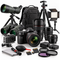 An assortment of professional photography and videography equipment, including cameras, lenses, tripods, lighting, and accessories on a white background.