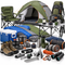 An assortment of camping and hiking gear, including a tent, sleeping bag, camping stove, hiking boots, backpack, camping chair, cooler, cookware, headlamp, and binoculars on a white background.