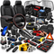 An assortment of car interior accessories and emergency tools, including seat covers, floor mats, a trunk organizer, a steering wheel cover, a dash cam, a portable vacuum, jumper cables, and a tow strap on a white background.