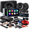 An assortment of car audio equipment and installation accessories, including a subwoofer, coaxial speakers, a touchscreen stereo receiver, an amplifier, wiring kits, and installation hardware on a white background.