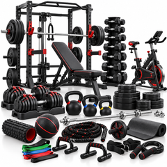 An assortment of home gym equipment, including a power rack, barbell, weights, bench, dumbbells, exercise bike, kettlebells, and accessories on a white background.