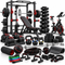 An assortment of home gym equipment, including a power rack, barbell, weights, bench, dumbbells, exercise bike, kettlebells, and accessories on a white background.