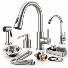 An assortment of kitchen sink fixtures and accessories, including a pull-down kitchen faucet, a secondary bar faucet, a soap dispenser, a side sprayer, a sink strainer, supply lines, and a sponge caddy on a white background.