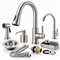 An assortment of kitchen sink fixtures and accessories, including a pull-down kitchen faucet, a secondary bar faucet, a soap dispenser, a side sprayer, a sink strainer, supply lines, and a sponge caddy on a white background.