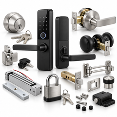 An assortment of door locks and security hardware, including smart locks, deadbolts, door handles, a padlock, an electromagnetic lock, keys, and installation hardware on a white background.