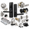 An assortment of door locks and security hardware, including smart locks, deadbolts, door handles, a padlock, an electromagnetic lock, keys, and installation hardware on a white background.