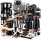 An assortment of coffee makers and brewing equipment, including an espresso machine, a drip coffee maker, a pod machine, a coffee grinder, a french press, milk frothers, coffee beans, cups, and barista tools on a white background.