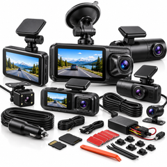 An assortment of dashboard cameras and accessories, including multiple dash cams, rear-facing cameras, suction mounts, power cables, memory cards, hardwire kits, and installation tools on a white background.