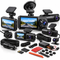 An assortment of dashboard cameras and accessories, including multiple dash cams, rear-facing cameras, suction mounts, power cables, memory cards, hardwire kits, and installation tools on a white background.