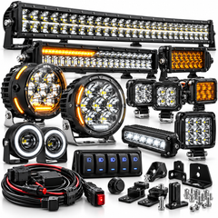 An assortment of LED off-road lighting and automotive accessories, including LED light bars, round driving lights, work lights, a switch panel, wiring harnesses, and mounting brackets on a white background.