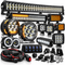 An assortment of LED off-road lighting and automotive accessories, including LED light bars, round driving lights, work lights, a switch panel, wiring harnesses, and mounting brackets on a white background.