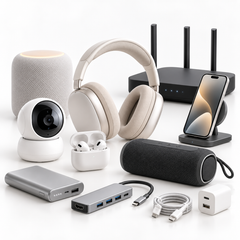 An assortment of modern electronic devices and tech accessories, including headphones, a smartphone on a wireless charger, a smart speaker, a Wi-Fi router, a security camera, a Bluetooth speaker, and a power bank on a white background.
