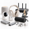An assortment of modern electronic devices and tech accessories, including headphones, a smartphone on a wireless charger, a smart speaker, a Wi-Fi router, a security camera, a Bluetooth speaker, and a power bank on a white background.