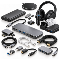 An assortment of tech accessories, including USB-C hubs, power banks, charging cables, wireless earbuds, over-ear headphones, memory card readers, and adapters on a white background.