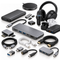 An assortment of tech accessories, including USB-C hubs, power banks, charging cables, wireless earbuds, over-ear headphones, memory card readers, and adapters on a white background.
