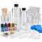 An assortment of epoxy resin casting and crafting supplies, including clear resin bottles, silicone molds, mixing cups, glitter pigments, stir sticks, and safety gloves on a white background.