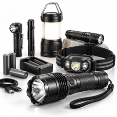 An assortment of flashlights, headlamps, a camping lantern, spare batteries, a charger, and a USB charging cable on a white background.