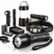 An assortment of flashlights, headlamps, a camping lantern, spare batteries, a charger, and a USB charging cable on a white background.