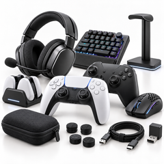 An assortment of gaming accessories, including a headset, controllers, a gaming keyboard, a gaming mouse, a controller charging dock, a headset stand, and thumbstick grips on a white background.
