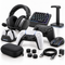An assortment of gaming accessories, including a headset, controllers, a gaming keyboard, a gaming mouse, a controller charging dock, a headset stand, and thumbstick grips on a white background.