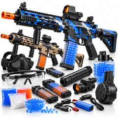 An assortment of gel blaster toy rifles, extra magazines, gel balls, protective goggles, a face mask, scopes, silencers, rechargeable batteries, and charging cables on a white background.