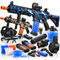 An assortment of gel blaster toy rifles, extra magazines, gel balls, protective goggles, a face mask, scopes, silencers, rechargeable batteries, and charging cables on a white background.