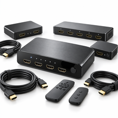 An assortment of HDMI switchers, splitters, remote controls, and HDMI cables on a white background.