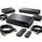An assortment of HDMI switchers, splitters, remote controls, and HDMI cables on a white background.