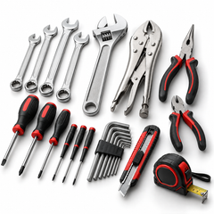 An assortment of hand tools, including combination wrenches, an adjustable wrench, locking pliers, needle-nose pliers, diagonal cutters, screwdrivers, precision screwdrivers, hex key sets, a utility knife, and a tape measure on a white background.