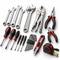 An assortment of hand tools, including combination wrenches, an adjustable wrench, locking pliers, needle-nose pliers, diagonal cutters, screwdrivers, precision screwdrivers, hex key sets, a utility knife, and a tape measure on a white background.