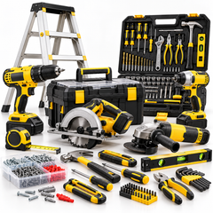 An assortment of yellow and black power tools, hand tools, and a stepladder arranged on a white background.