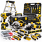 An assortment of yellow and black power tools, hand tools, and a stepladder arranged on a white background.