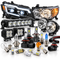 An assortment of automotive lighting and headlight assemblies, including LED headlights, auxiliary light bars, round driving lights, replacement bulbs, and wiring connectors on a white background.