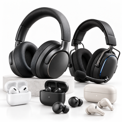 An assortment of wireless over-ear headphones, gaming headsets, and wireless earbuds with charging cases on a white background.