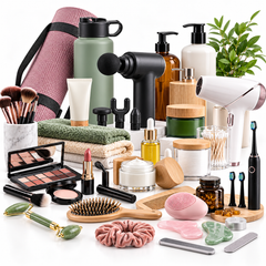 An assortment of wellness, self-care, and beauty products, including a yoga mat, water bottle, massage gun, skincare items, makeup, hair dryer, electric toothbrush, and beauty tools on a white background.