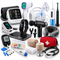 An assortment of health and wellness devices, including a blood pressure monitor, pulse oximeter, blood glucose meter, infrared thermometer, fitness tracker, massage gun, nebulizer, first aid kit, and diagnostic tools on a white background.