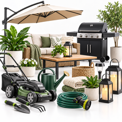 An assortment of outdoor and garden equipment, including a lawnmower, gas grill, patio umbrella, outdoor sofa, garden hose, watering can, lanterns, and plants on a white background.