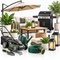 An assortment of outdoor and garden equipment, including a lawnmower, gas grill, patio umbrella, outdoor sofa, garden hose, watering can, lanterns, and plants on a white background.