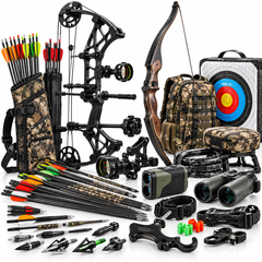 An assortment of archery equipment, including a compound bow, a recurve bow, arrows, quivers, broadheads, an archery target, a rangefinder, binoculars, a release aid, and accessories on a white background.