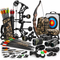 An assortment of archery equipment, including a compound bow, a recurve bow, arrows, quivers, broadheads, an archery target, a rangefinder, binoculars, a release aid, and accessories on a white background.