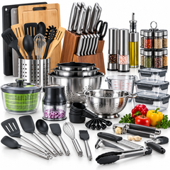 Kitchen knife block set, cookware, utensils, and food storage containers on white.