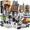 Kitchen knife block set, cookware, utensils, and food storage containers on white.