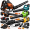 An assortment of leaf blowers, including a gas-powered backpack leaf blower, several cordless handheld electric blowers, replacement batteries, a charger, nozzle attachments, gloves, and safety glasses on a white background.