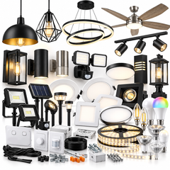 An assortment of indoor and outdoor lighting fixtures, including pendant lights, a ceiling fan, wall sconces, security lights, recessed lights, solar pathway lights, LED strip lights, smart bulbs, and light switches on a white background.